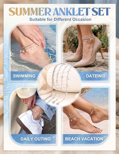 Subiceto Ankle Bracelets for Women Waterproof - 14K Gold Plated Non Tarnish Anklets Set Dainty Stainless Steel Stackable Layered for Beach Summer Jewelry Adjustable - color: 4Pcs Pearl-Silver