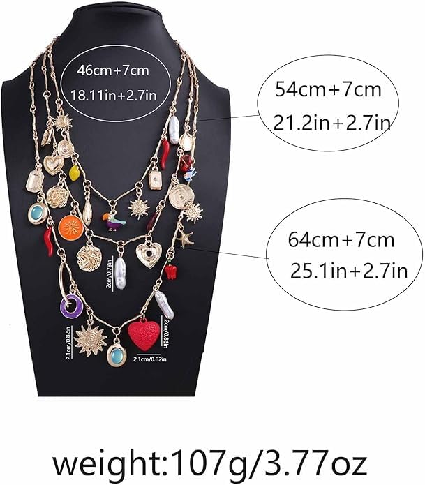 Multi Layer Gold Chain Sun Pendant Necklace - With Heart-Shaped and Coin Flower Design -3-Piece Set of Colorful Mixed Pendant Necklace