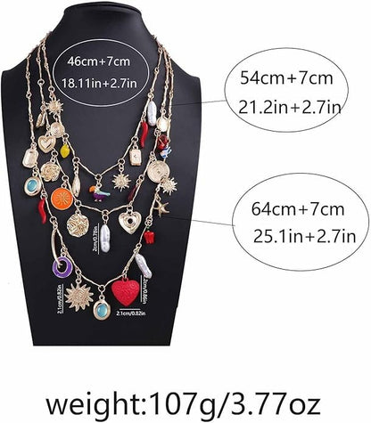 Multi Layer Gold Chain Sun Pendant Necklace - With Heart-Shaped and Coin Flower Design -3-Piece Set of Colorful Mixed Pendant Necklace