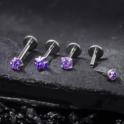 Ruifan Titanium Flat Back Lip Rings Threadless Push in Earrings Studs Nose Rings 20G 18G 16G Round Heart Square CZ Tragus Cartilage Lobe Rook Helix Conch Labret Medusa Piercing Jewelry for Women Men - color: Purple CZ, size: 18G-6/8/10mm