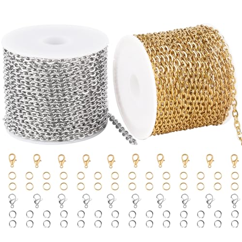 SMYHTGLIF 32.8 Feet Stainless Steel Chain for Jewelry Making 2 Rolls Chain | Gold and Silver Jewelry Making Chains Craft Chain Roll Oval Cable Bulk Chain DIY Jewelry Supplies - size: 4.1×3mm