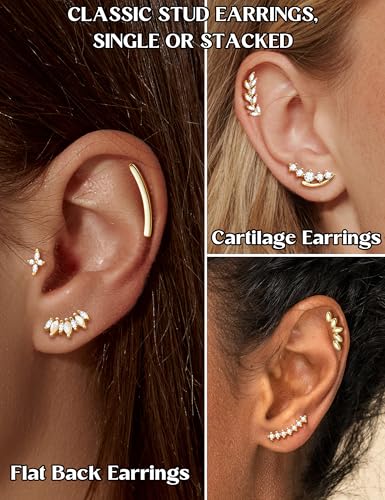 JeryWe Cartilage Earrings for Women Hypoallergenic Flat Back Earrings Surgical Steel for Sensitive Ears Flatback Stud Earring Helix Conch Tragus Daith Piercing Jewelry 16G