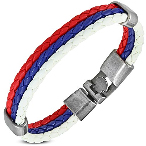 My Daily Styles Stainless Steel Multi-Color Braided Faux Leather Layer Cuff Bracelet, 7.75" - color: Red White and Blue