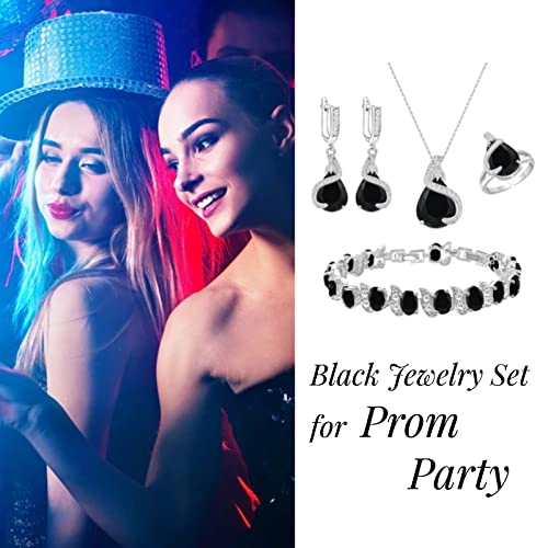 GZWHD Jewelry Set for Women Water Drop Cubic Zirconia Artificial Crystal Earrings Pendant Necklace Open Ring Tennis Bracelet Wedding Anniversary Birthday Engagement Gift for Bridesmaid Wife Girlfriend Friend - color: Black