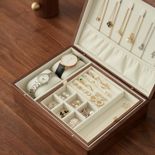 Black Walnut Wood Jewelry Box, No Lock | Velvet Lining, Personalized Ring and Necklace Box, For Women and Girls, Brass Handle - style: Vintage