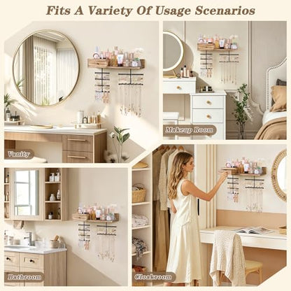VINAEMO Jewelry Organizer Hanging Wall Mounted Jewelry Holder with Rustic Wood Drawer & Large Capacity Storage Shelf Rack Display for Earrings Rings Necklaces Bracelet - color: Carbonized Black