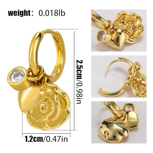 Dangle Gold Charm Earrings for Women 14K Gold Plated Bow Cherry Rose Zirconia Dragonfly Love Heart Wing Cross Pearl Conch Seashell Huggie Hoop Earring Drop Cross Trendy Party Jewelry Gifts for Women - style: Rose and Heart