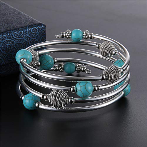 PEARL&CLUB Beaded Chakra Bangle Turquoise Bracelet - Fashion Jewelry Wrap Bracelet with Thick Silver Metal and Mala Beads, Birthday Gifts For Women - color: 63-Turquoise Blue