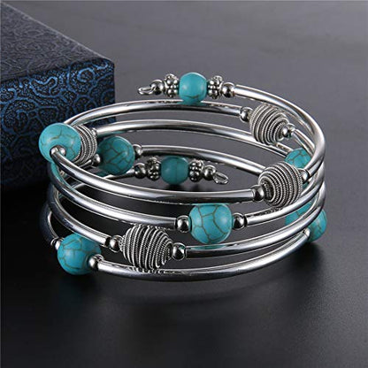 PEARL&CLUB Beaded Chakra Bangle Turquoise Bracelet - Fashion Jewelry Wrap Bracelet with Thick Silver Metal and Mala Beads, Birthday Gifts For Women - color: 63-Turquoise Blue