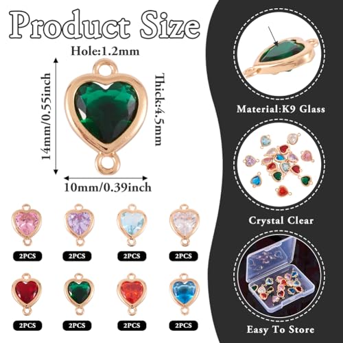 FASHEWELRY 16pcs Crystal Heart Charm Links Gold Plated Glass Heart Connector Pendants 14x10x4.5mm Double Loop for DIY Necklace Bracelet Jewelry Making Valentine's Day - color: Mixed Color Heart