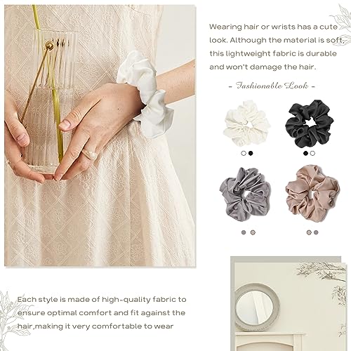 4 PCS Large Silk Satin Scrunchies for Women White Thick Hair Big Scrunchie | Black White Silver Champagne / Stretched 10" Length / No Damage / Gift Box /Diameter: 5 inches / All Hairstyles - color: Black White Silver Champagne, size: 1 Count (Pack of 4)