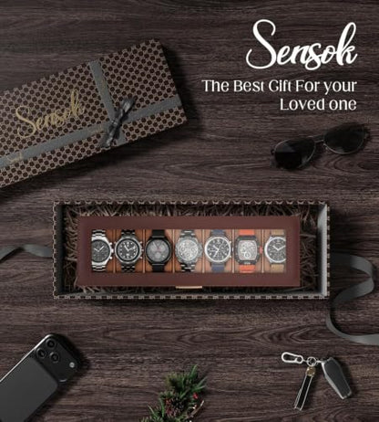 Watch Cases Box for Men 7 Slots Display Case with Jewelry Bottom | Watches Storage Organizer 2 Layer Pu Leather Collection Holder Gift for Dad Husband with Real Glass Lid Brown - size: 7 Slots, Brown