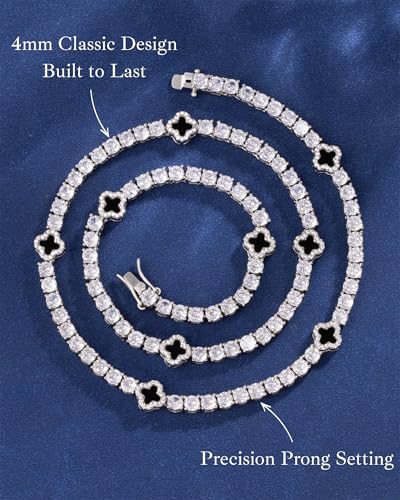 LuxeFlex 4mm Iced Out Four Leaf Tennis Chain,White Gold Plated with 5A Zircon Stones, exquisite Handmade Hip Hop Bling Necklace Perfect Unisex Jewelry Gift - color: White Gold, size: 18 INCH