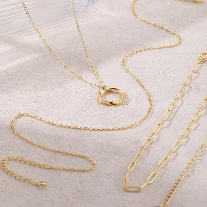Gold Layered Necklaces for Women, 14K Gold Plated Paperclip Snake Chain Necklace Set, Dainty Coin Cross Tear Pendant Layering Choker Necklaces, Simple Trendy Stackable Jewelry Gifts - color: 3PCS / Twisted Circle & two Chains