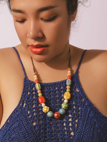 MINACHI Hippie Boho Colorful Ceramic Round Beads Strand Necklace, Bohemian Fashion Statement Jewelry Gift for Women - color: S07