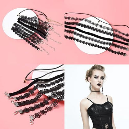 AUOCATTAIL 6 Pcs Gothic Necklaces Flower Lace Choker Classic Flower Collarbone Necklace Adjustable For Women Party Cosplay