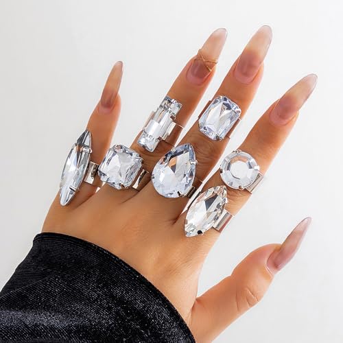 Chunky 7Pcs Silver Crystal Knuckle Rings Set Geometric Rhinestone Waterdrop Open Rings Stackable CZ Circle Square Finger Rings Jewelry Set for Women - color: 7Pcs Crystal
