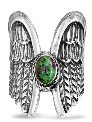 Oval Genuine Gemstone Angel Wings Wide Band Ring,Retro S925 Sterling Silver Full Finger Chunky Statement Band Ring for Women - color: A03_Epidote Jasper