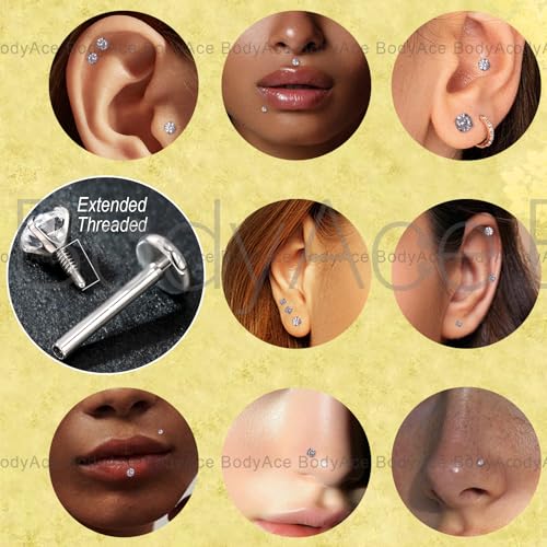 Long Internally Threaded Tragus Piercings 16G 18G 20G Medusa Lip Jewelry Surgical Steel Flat Back Earrings Cartilage Helix Studs Nose Rings Monroe Labret Stud - color: 18G(1.0mm);BL:6mm+8mm