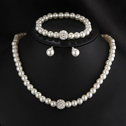 tenghong2021 Fashion Classic Faux Pearl Jewelry Set Necklace Bracelet Earrings for Women Best Gift - color: Beige CZ
