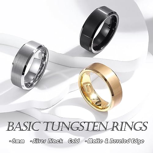 6mm 8mm Men Women Black Silver Gold Tungsten Carbide Rings Wedding Bands Matte Brushed Finish Beveled Step Edges - color: silver 8mm beveled