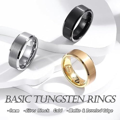 6mm 8mm Men Women Black Silver Gold Tungsten Carbide Rings Wedding Bands Matte Brushed Finish Beveled Step Edges - color: silver 8mm beveled