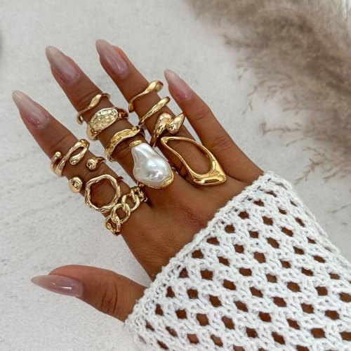 Gold Rings for Women Non Tarnish Stackable Rhinestone Moon Star Rings Dainty Stacking Pearl Butterfly Midi Pinky Thumb Joint Finger Knuckle Ring Set Gold Non Tarnish Jewelry Gifts Trendy Stuff - color: U Chunky Gold Rings 12Pcs