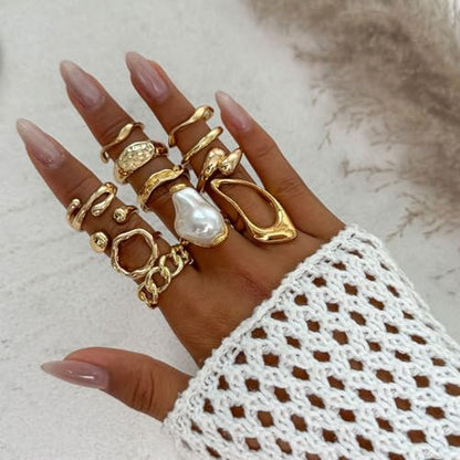 Gold Rings for Women Non Tarnish Stackable Rhinestone Moon Star Rings Dainty Stacking Pearl Butterfly Midi Pinky Thumb Joint Finger Knuckle Ring Set Gold Non Tarnish Jewelry Gifts Trendy Stuff - color: U Chunky Gold Rings 12Pcs