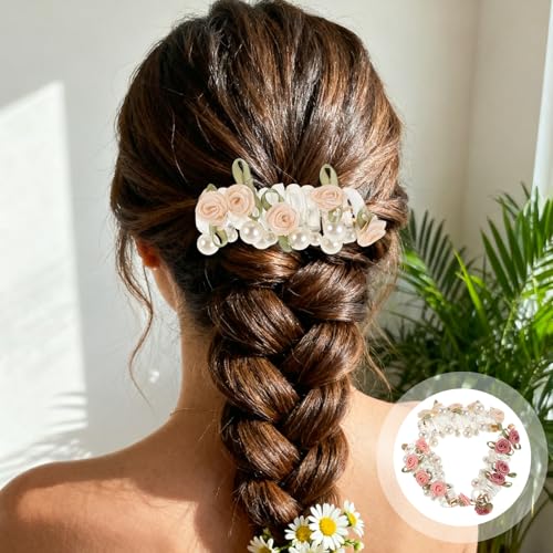 6pcs Pearl Flower Spiral Hair Ties Set – Multi Color (deep Pink, Cream, Light Pink) Coil Hair Bands for Women Ponytail Holders, No Crease Elastic Scrunchies for Festivals and Daily