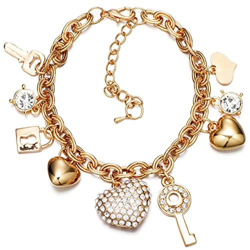 SILANER Gold Chain Link Bracelet - 7"+ 2" Extender 14K Gold Plated Love Locked Bracelets for Women, with Crystal, Love Heart,Key, Lock, Charm Bracelet - color: Love Locked Gold Charm