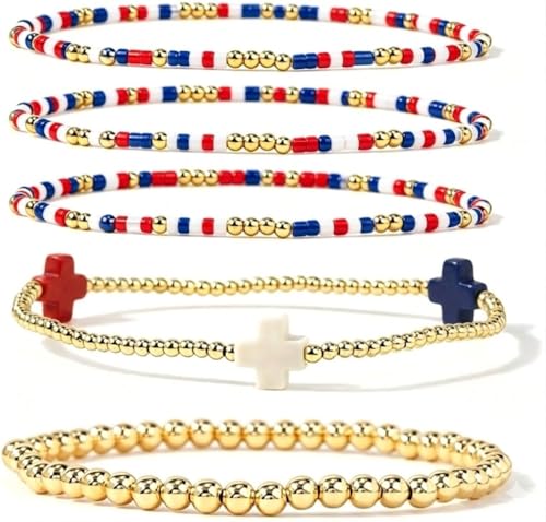 Gold Beaded Bracelets Stack for Women Stackable 14K Gold Plated Beads Ball Cross Bracelet Boho Christian Jewelry Faith Friendship Birthday Gifts for Women - color: USA
