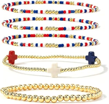 Gold Beaded Bracelets Stack for Women Stackable 14K Gold Plated Beads Ball Cross Bracelet Boho Christian Jewelry Faith Friendship Birthday Gifts for Women - color: USA