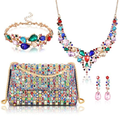 Quelay 4 Pcs Purse Rhinestone Jewelry Set Women | Wedding Bridal Prom Jewelry Sparkly Clutch Handbag with Necklace Bracelet Dangle Earrings Shiny Costume Kit - color: Multicolor, style: Classic