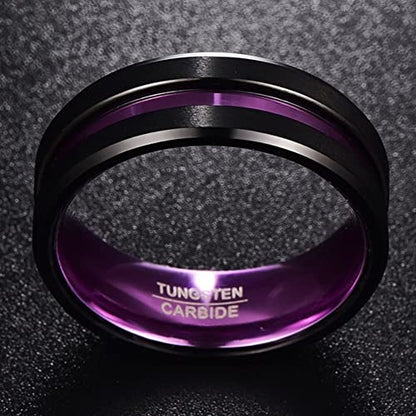 NUNCAD 8mm Men's Tungsten Rings Multi-Color/Green/Purple Plated Grooved Black Matte Finish Beveled Edges Size 4 to 16 - color: Purple Grooved