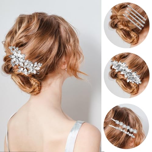 8pcs Rhinestone Side Clips Wedding Silver New Bride Bridesmaid Spring Clip French Hairpins Elegant Floral Stylish Accessories Gift for Women Girls