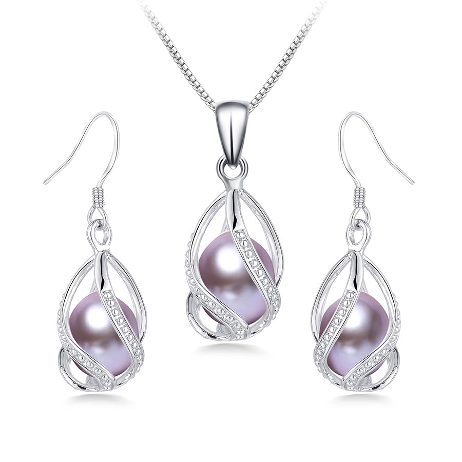 Pearl Jewelry Set For Women S925 Sterling Silver/14K Gold Plated Necklace & Earrings Set Freshwater Pearl Pendant Cage Set for Wedding Anniversary Prom Birthday Gift - color: Silvery-Purple