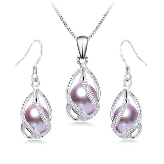 Pearl Jewelry Set For Women S925 Sterling Silver/14K Gold Plated Necklace & Earrings Set Freshwater Pearl Pendant Cage Set for Wedding Anniversary Prom Birthday Gift - color: Silvery-Purple