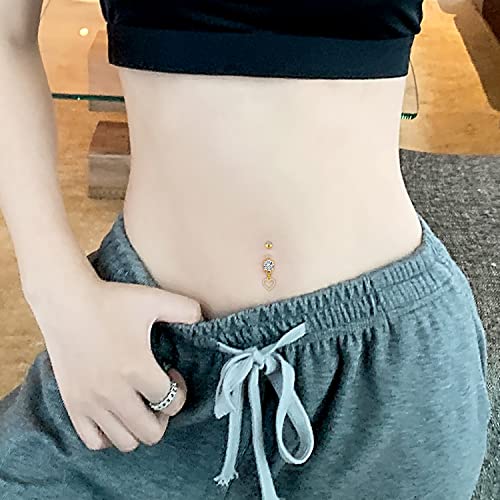 Mayhoop 14G Belly Button Rings 316L Surgical Stainless Steel Dangle Clicker Belly Ring Dangling Piercing Jewelry With Heart Flower Butterfly Silver Gold Tone For Women - color: 7Pcs-gold