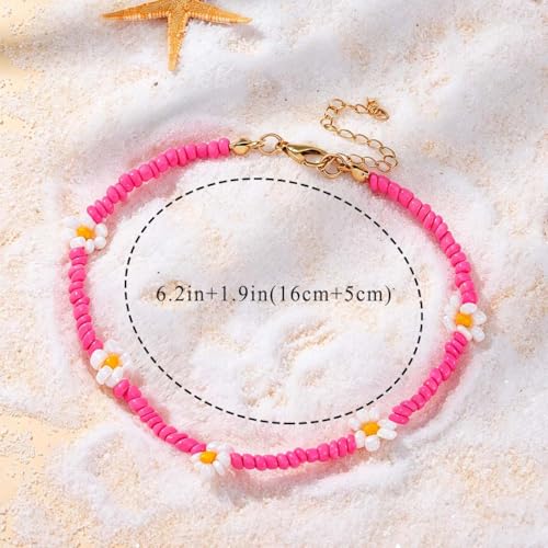 Beaded Chain Ankle Bracelets for Women Waterproof Sunflower Anklets Beachy Vacation Foot Jewelry Gifts - color: Pink