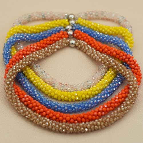 Hand Knotted Beads Statement Necklace Bracelet Jewelry Set Artificial Crystal Choker for Women- Handmade Beaded Strand Sparkly Faceted Crystal Rondelle-17inches, 30 Colors - color: Blue AB Set