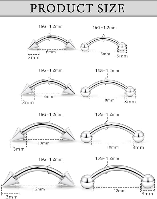 Eyebrow Piercing Jewelry Surgical Steel Curved Barbell Tiny Eyebrow Ring Vertical Labret Lip Jewelry Ear Rook Helix Conch Daith For Women Men 16g 6mm/8mm/10mm/12mm