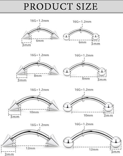 Eyebrow Piercing Jewelry Surgical Steel Curved Barbell Tiny Eyebrow Ring Vertical Labret Lip Jewelry Ear Rook Helix Conch Daith For Women Men 16g 6mm/8mm/10mm/12mm