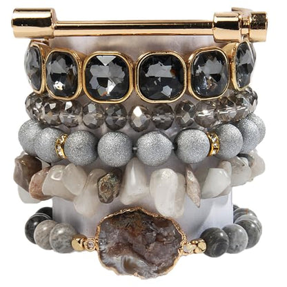 Yomisa Boho Beaded Bracelets/Bangle for Women,Multilayer 5/6/7PCS Healing Natural Handmade Stone Bead Bracelets Stackable Stretch Friendship Beaded Bracelet Set Trendy Western Bohemian Jewelry Gift - color: 6pcs-Gray&silver