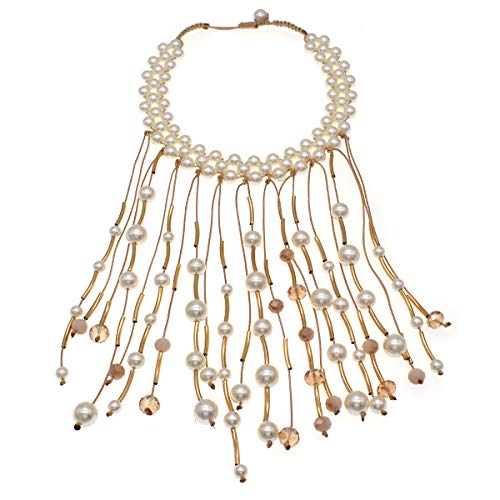utop JNF Hand made Pearl Statement Necklace for Women Rhinestone Multilayer Crystal Necklaces Chunky Pearl Necklace Large Pearl Necklace and Earrings Set for Mother Mom's gift - color: bib pearl necklace white