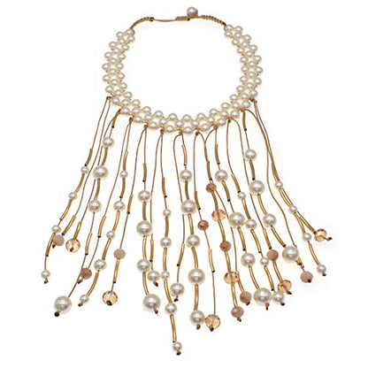utop JNF Hand made Pearl Statement Necklace for Women Rhinestone Multilayer Crystal Necklaces Chunky Pearl Necklace Large Pearl Necklace and Earrings Set for Mother Mom's gift - color: bib pearl necklace white