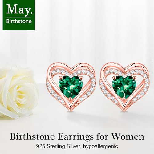 Iefil Birthstone Earrings for Women - 925 Sterling Silver Heart Stud Earrings Birthday Gifts for Women - color: Rose-Gold-Plated-05-May-Created Emerald
