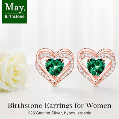 Iefil Birthstone Earrings for Women - 925 Sterling Silver Heart Stud Earrings Birthday Gifts for Women - color: Rose-Gold-Plated-05-May-Created Emerald