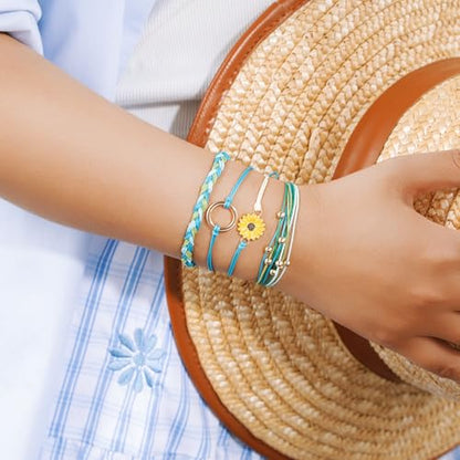 Sunflower Friendship Bracelets Boho Stackable String Bracelets Cute Trendy Gifts for Teen Girls Women - color: Green Blue