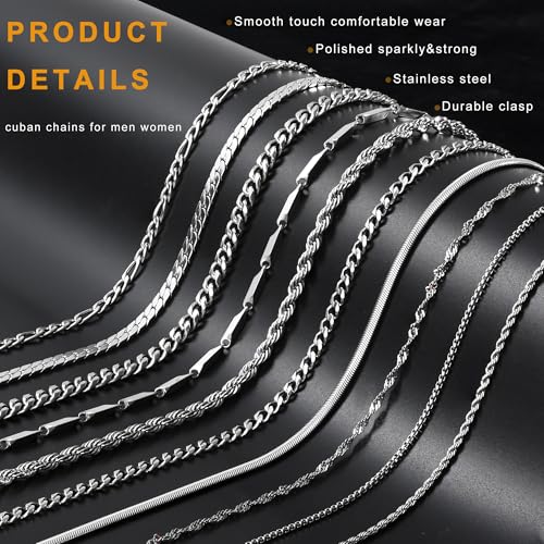 10 Pcs Chains for Men Silver Necklace Stackable Stainless Steel Chains Set Mens Jewelry Set Cross Cuban Link Figaro Chain