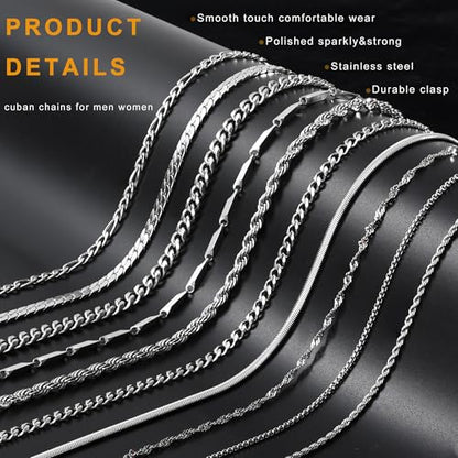 10 Pcs Chains for Men Silver Necklace Stackable Stainless Steel Chains Set Mens Jewelry Set Cross Cuban Link Figaro Chain